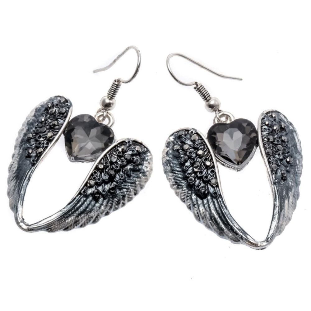 Silver with Charcoal Gray Crystal Angel Wing with Heart Dangling Hook Earrings